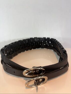 Danier Black Leather Woven Belt Double Buckle Wide Waist Belt Small